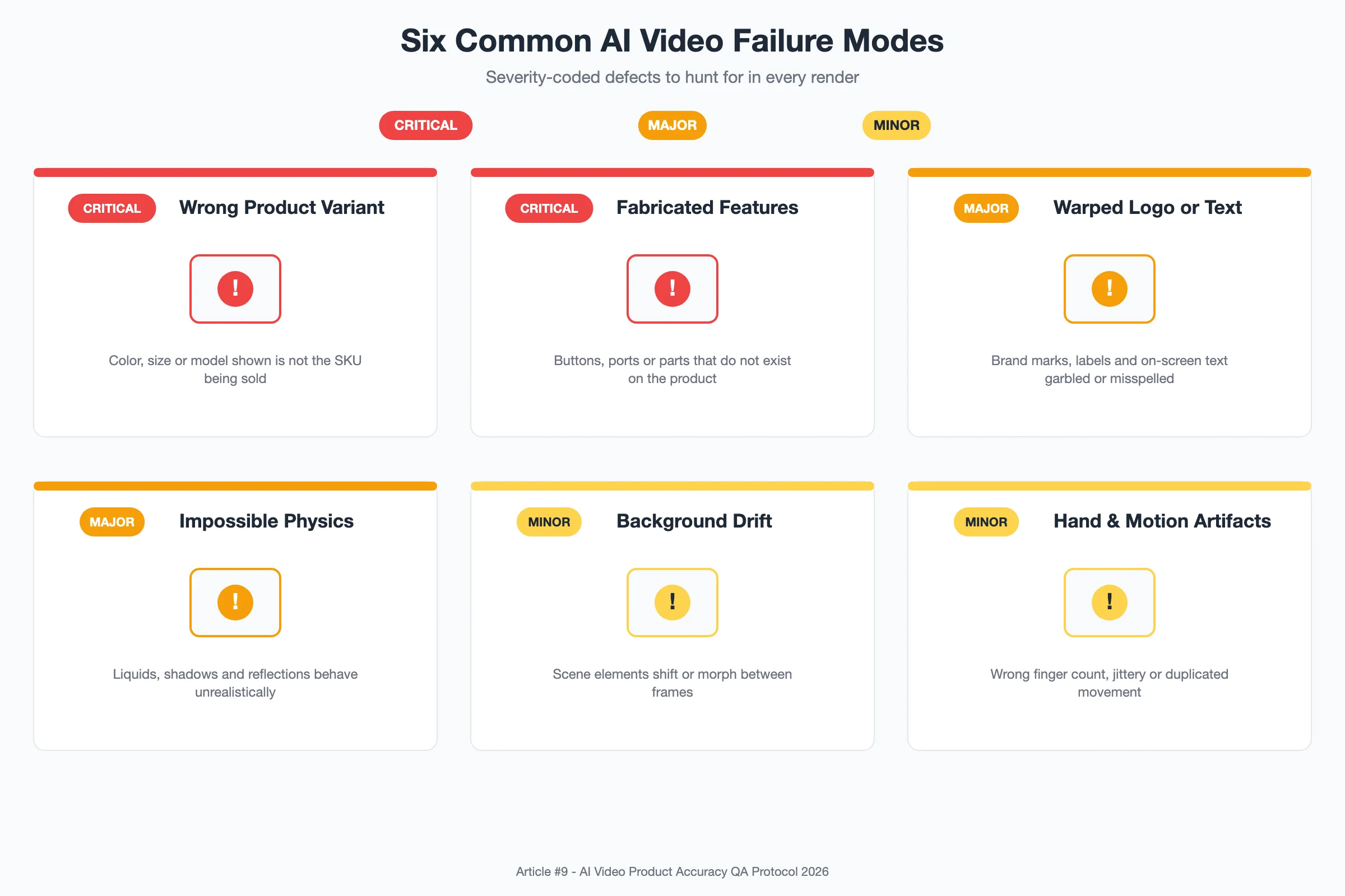 Diagram: six common AI video failure modes—wrong product variant, fabricated features, warped logo or text, impossible physics, and more—severity-coded from critical to minor